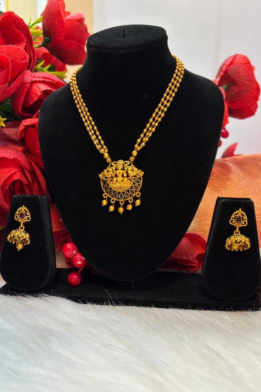 Divinity Of Ma Laxmi- (Gold Plated Temple Chain Locket Set)