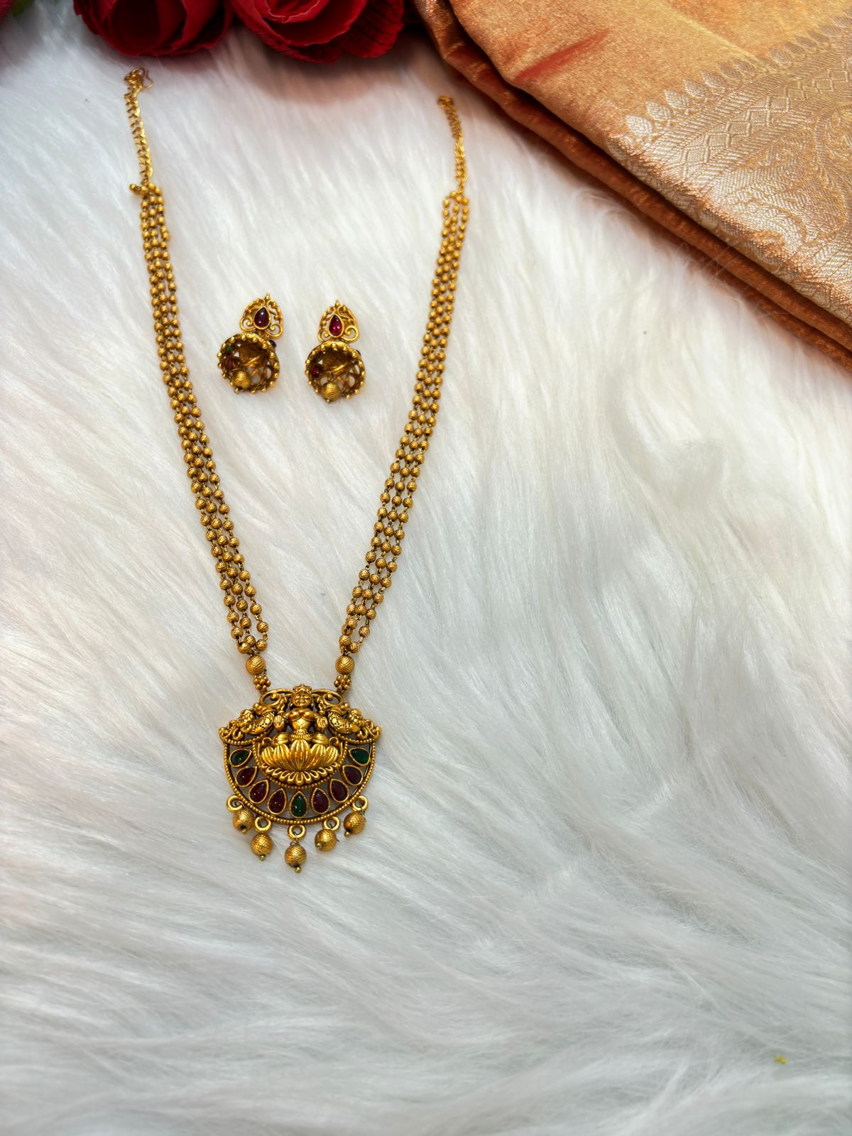 Divinity Of Ma Laxmi- (Gold Plated Temple Chain Locket Set)