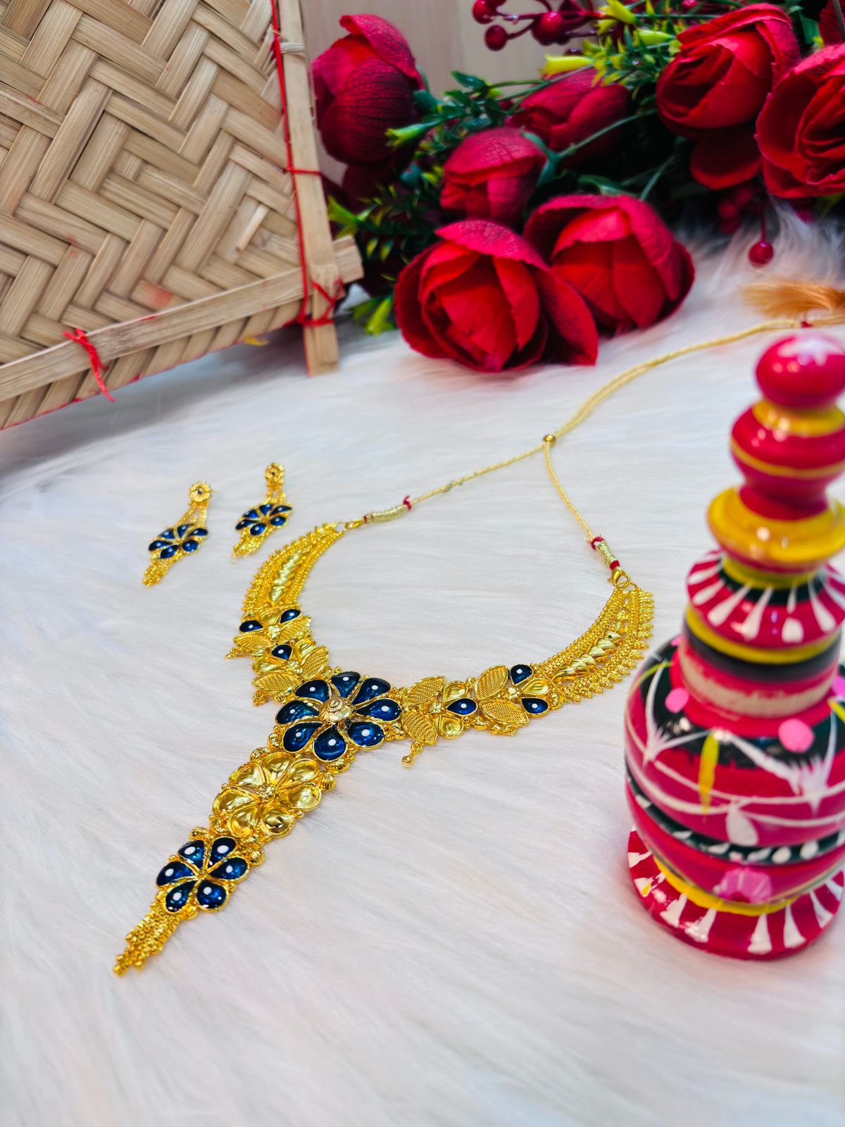 Blue floral Gold Plated Necklace Set