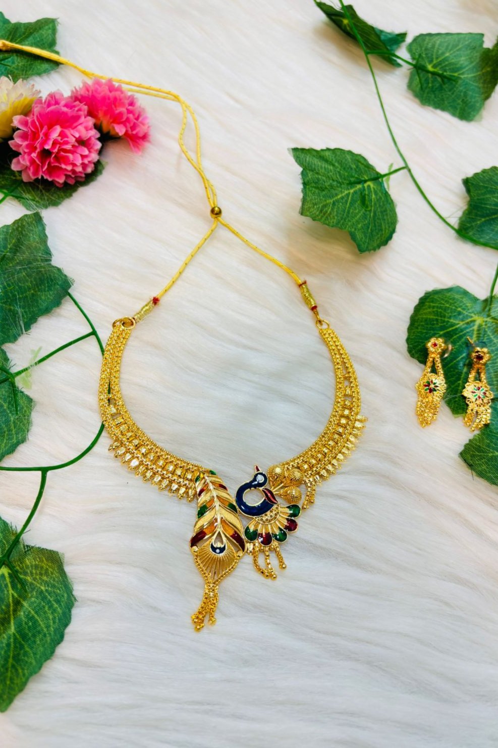 Tridiva Peacock Gold Plated Meenakari Necklace Set