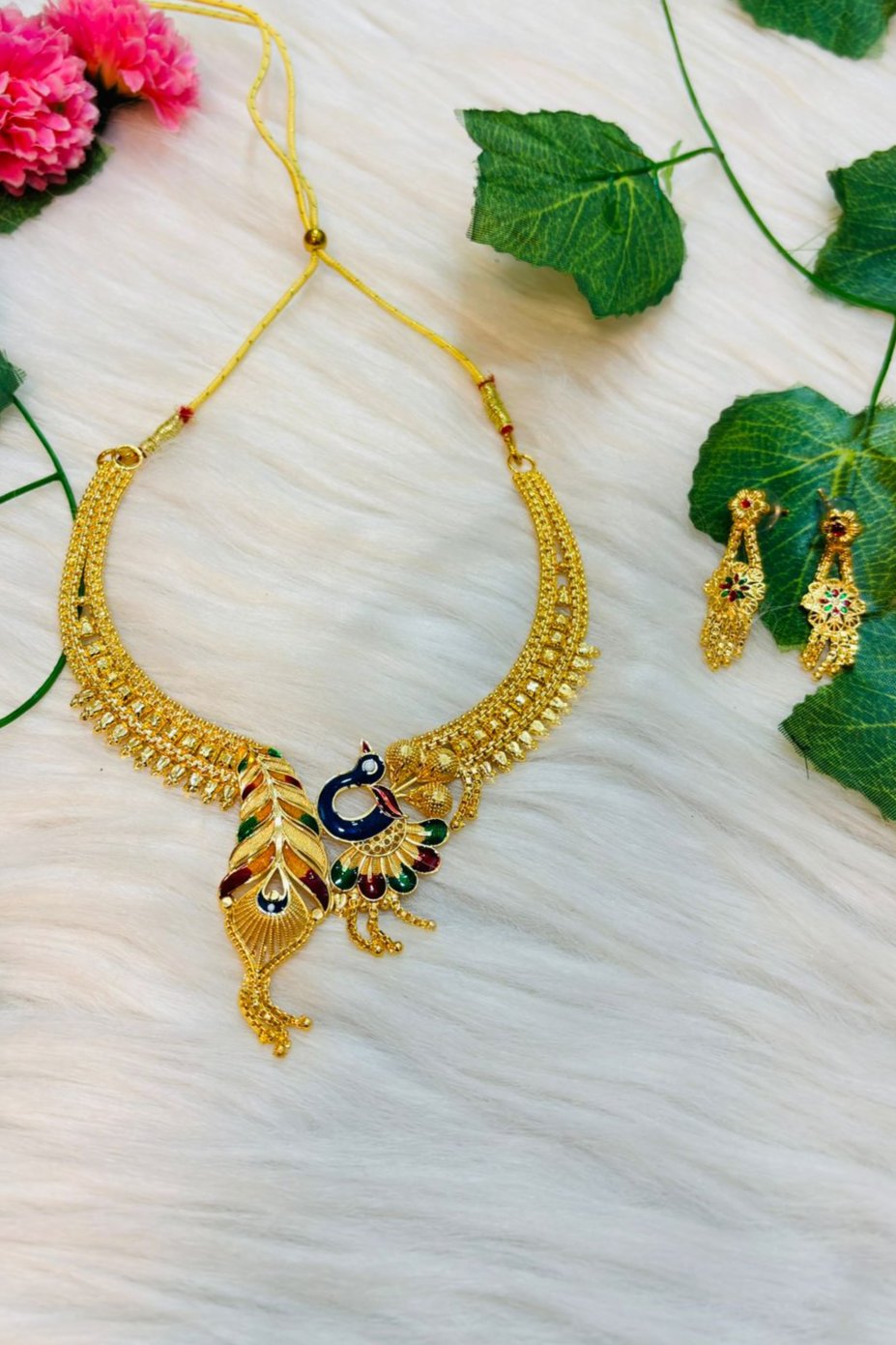 Tridiva Peacock Gold Plated Meenakari Necklace Set